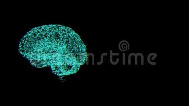 认知功能概念。 由黑色的微<strong>小粒子</strong>形成的闪亮的大脑全息图。